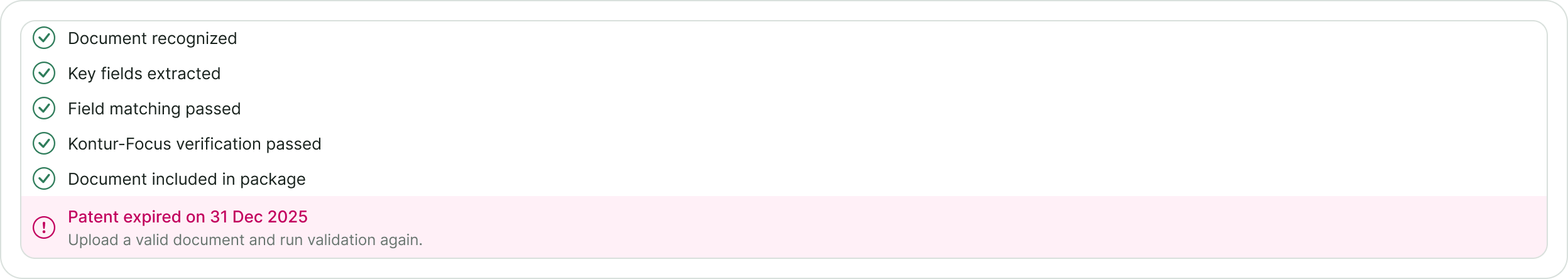 Expanded validation checks showing passed checks and one expired patent issue