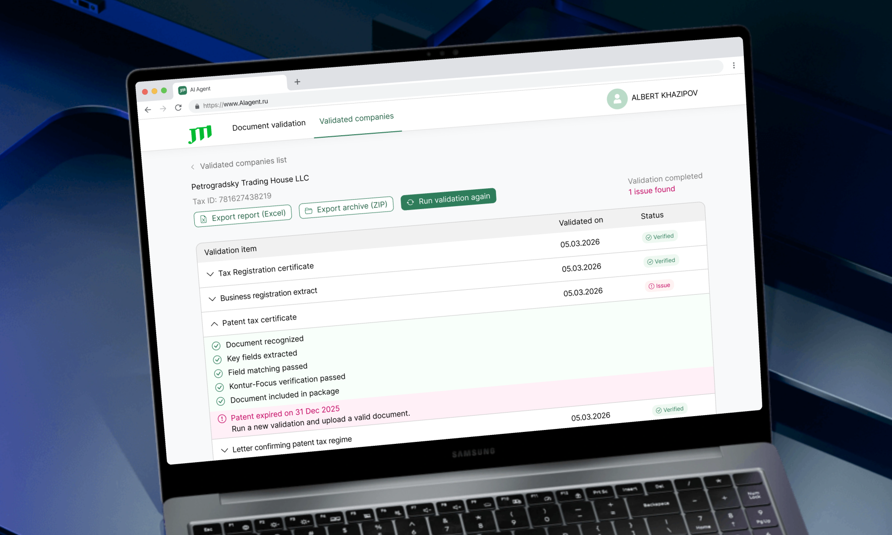 AI document validation agent shown on a laptop