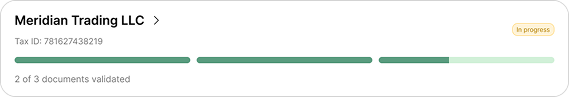 Meridian Trading LLC validation in progress with two of three documents validated