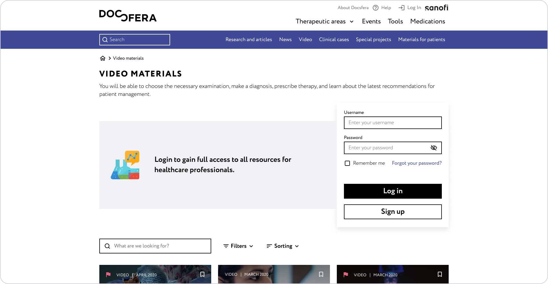 Healthcare content page with embedded login form