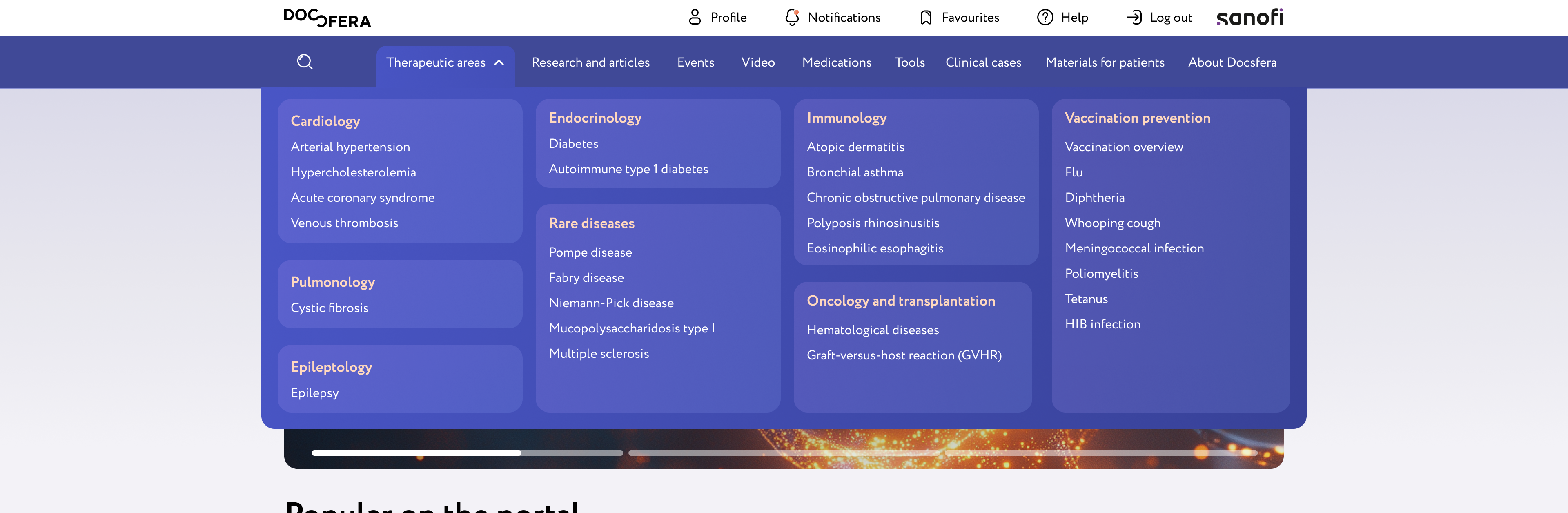 Redesigned therapeutic areas menu with grouped medical categories