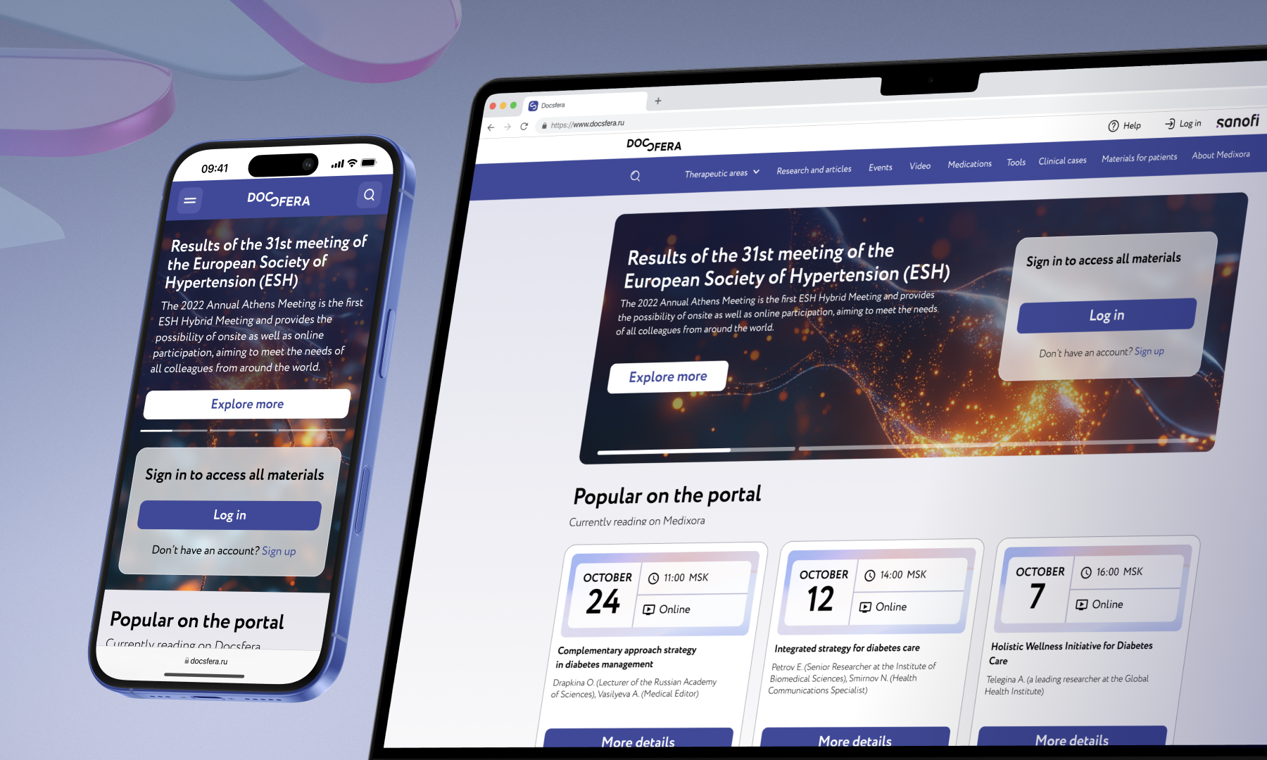 Sanofi healthcare content platform shown on mobile and desktop devices