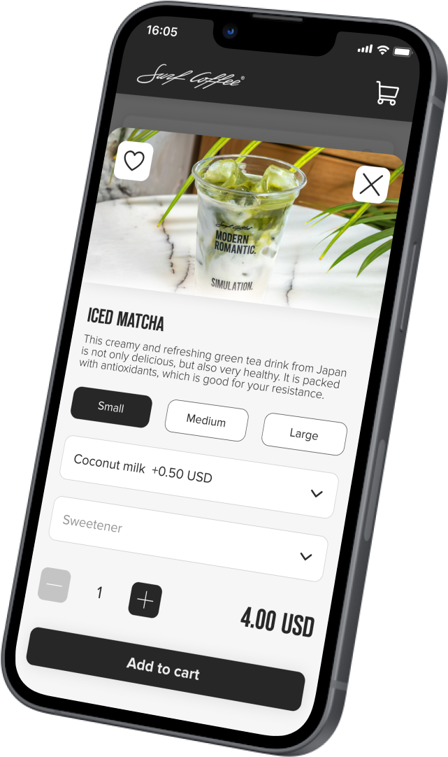 Surf Coffee drink customisation screen